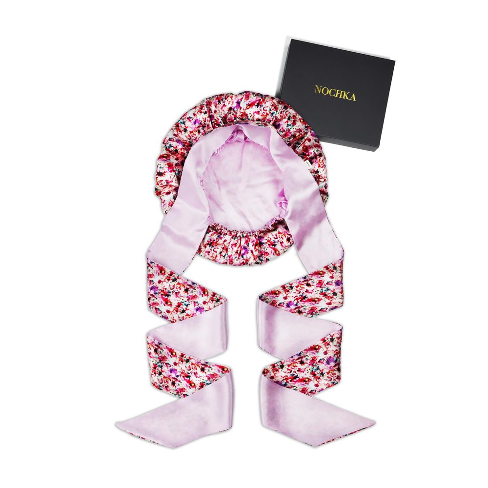 100% Mulberry Silk Bonnet for Sleeping with Ties  Adjustable 19 Momme Double-Layer Reversible Hair Wrap  Stay-On Sleep Bonnet for Women, Long Curly Hair, Natural Hair Care, Real Silk Night Cap  Handmade in USA (Floral)