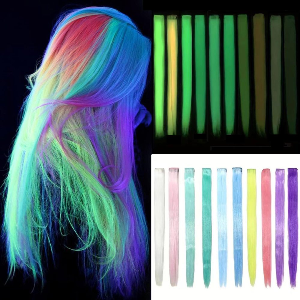 10 Pcs Glow In The Dark Hair Extensions Clip Ins Synthetic Clip In Hair Extensions Glow In The Dark Hair Extensions Glow In The Dark Hair Accessories For Women (20 Inch,10 Colors Straight Hair)