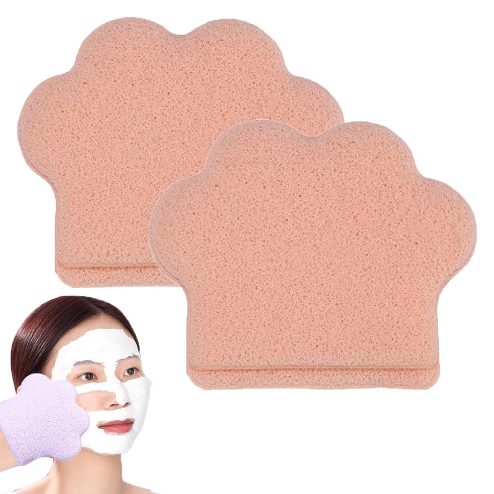 2Pcs Cat Claw Facial Sponges,Cute Cat Claw Shaped Facial Exfoliation Cleaning Sponges Reusable Makeup Removal Sponge, Adult Body Scrub Bath Sponge Exfoliating Gloves (Orange)