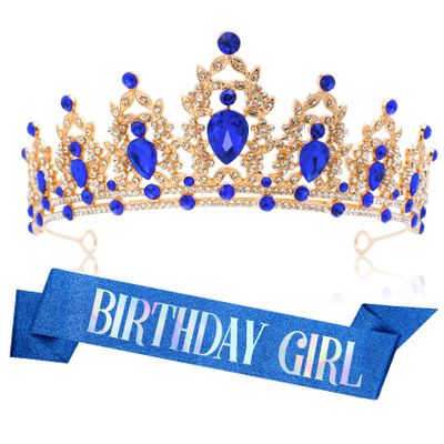 RGHSZ Birthday Crown Headband & Sash - Gold+Blue, Rhinestone Tiara for Women - Regal Style, Birthday Party Accessory