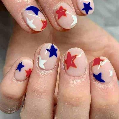 24Pcs Independence Day Press on Nails Short Square Fake Nails 4th of July False Nails Red, Blue, and White Stars Design Glue on Nails Acrylic Nails Full Cover Glossy Patriotic Stick on Nails for Women