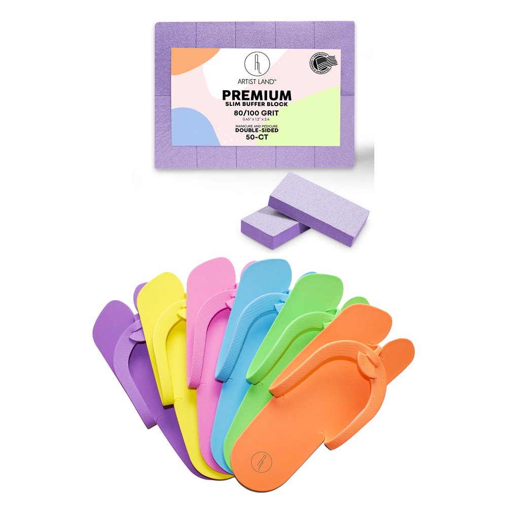 50 Ct Slim Purple Buffer Set (80/100 Grit) + 60 Pairs Disposable Anti-Slip Pedicure EVA Slippers Spa Party Pack