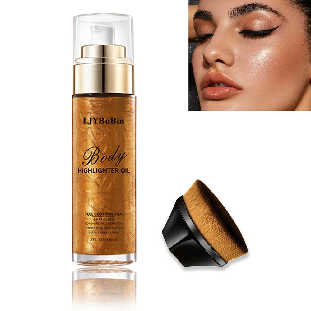 Bronze Shimmer Body Oil with Brush Kit,Waterproof Long Lasting Moisturizing Body Oil for Shimmering Skin on Any Part of The Body,Smooth Non-Sticky Summer Body Shimmer Oil for All Skin Types