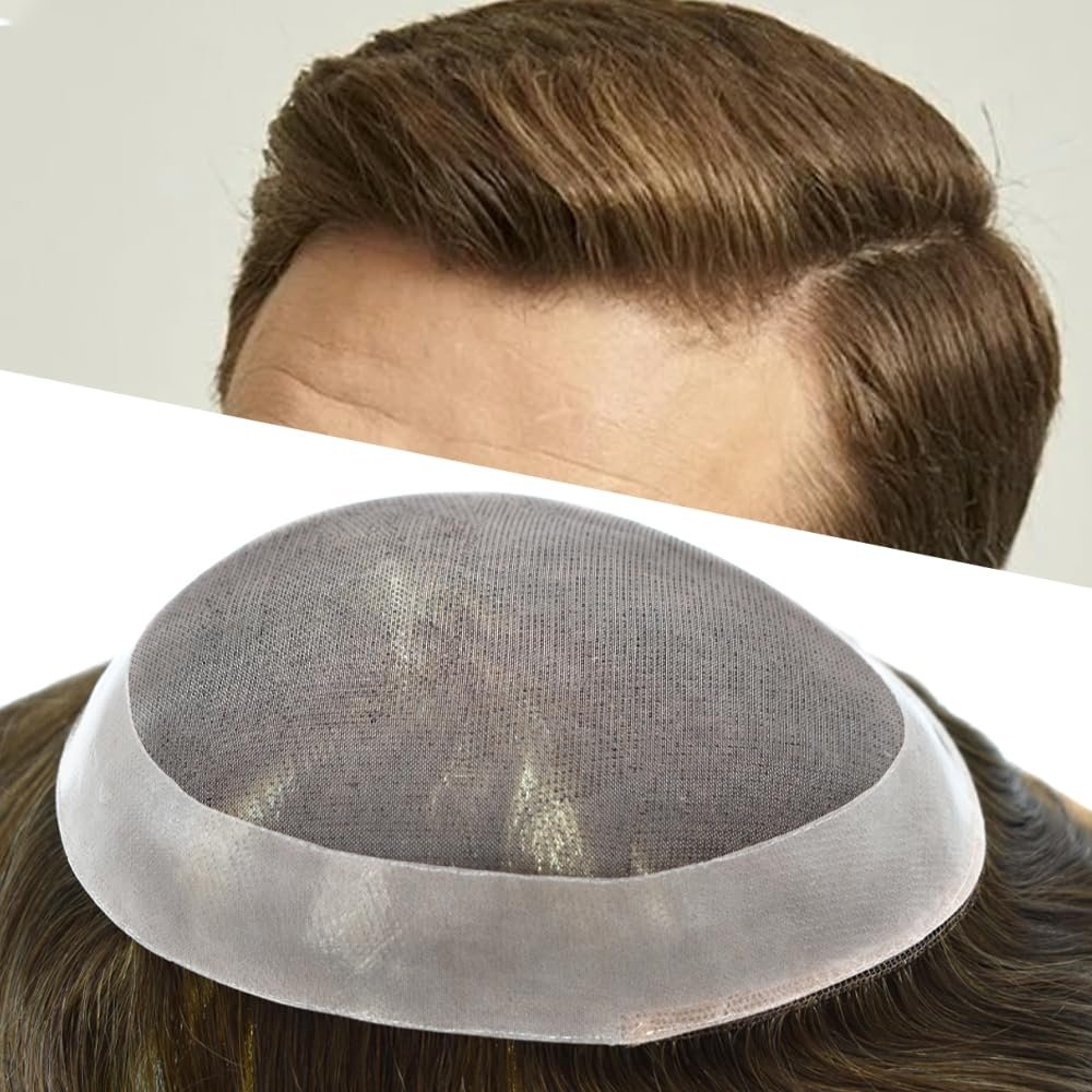 Men Hair Piece Durable Fine Mono Hair System Toupee for Men Real Human Hair Mens Toupee Replacement Systems Men Hairpiece Protesis Capilar Para Hombre 8X10#5 Light Brown medium density
