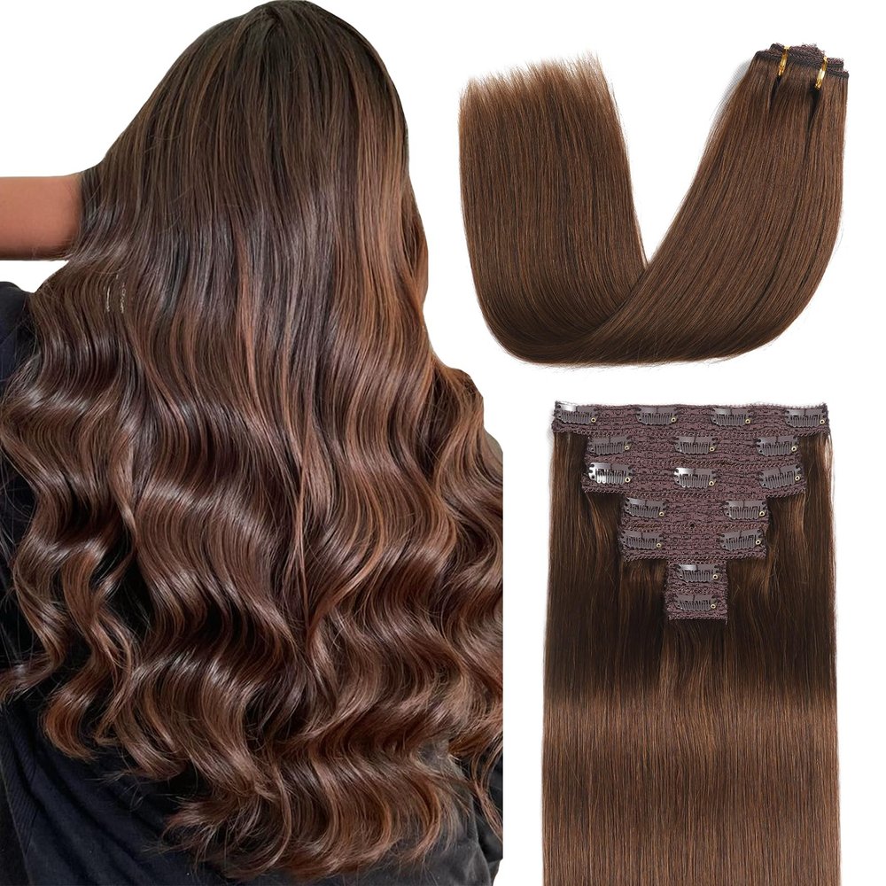 Sisily Clip in Hair Extensions Real Human Hair, Premium Human Hair Clip in Extensions Chocolate Brown, Soft Straight Hair Extensions Real Human Hair Clip ins 7PCS Double Weft16 Inch #4
