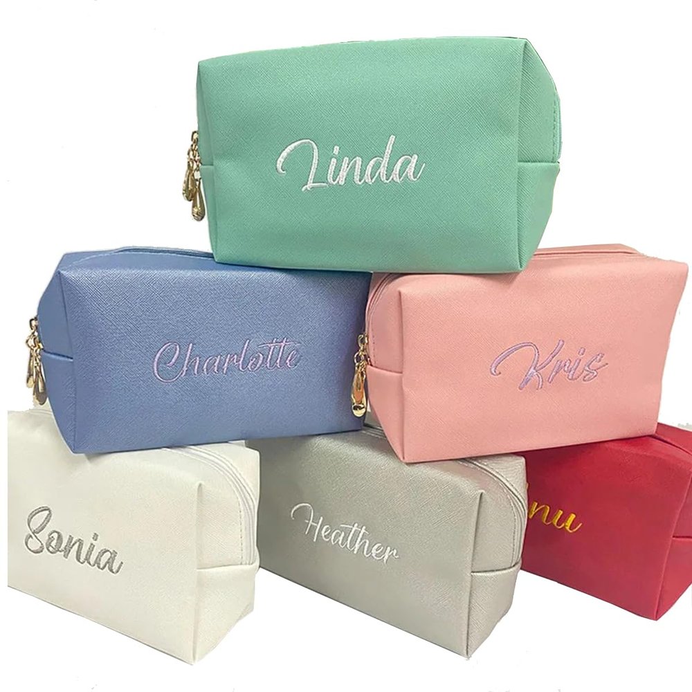 Personalized Embroidery Makeup Bag Hand-held Portable Square Waterproof PU Toiletry Bag Large Capacity Travel Wedding Supplies (1pcs)