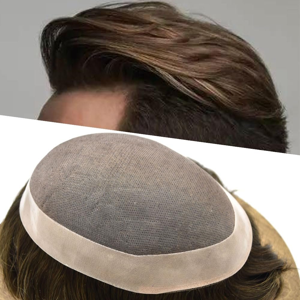 NinthAvenue Basics Men Hair Piece Durable Fine Mono Hair System Toupee for Men Real Human Hair Mens Toupee Replacement Systems Men Hairpiece Protesis Capilar Para Hombre 8X10#4 Brown medium density