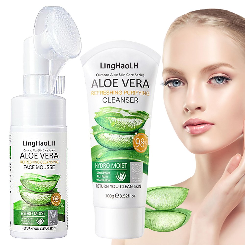 2PCS Aloe Vera Face Wash,Hydrating Gentle Facial Foam Cleanser with Brush,Deep Cleansing Long Lasting Oil Control Aloe Vera Face Foaming Cleanser for All Skin Types