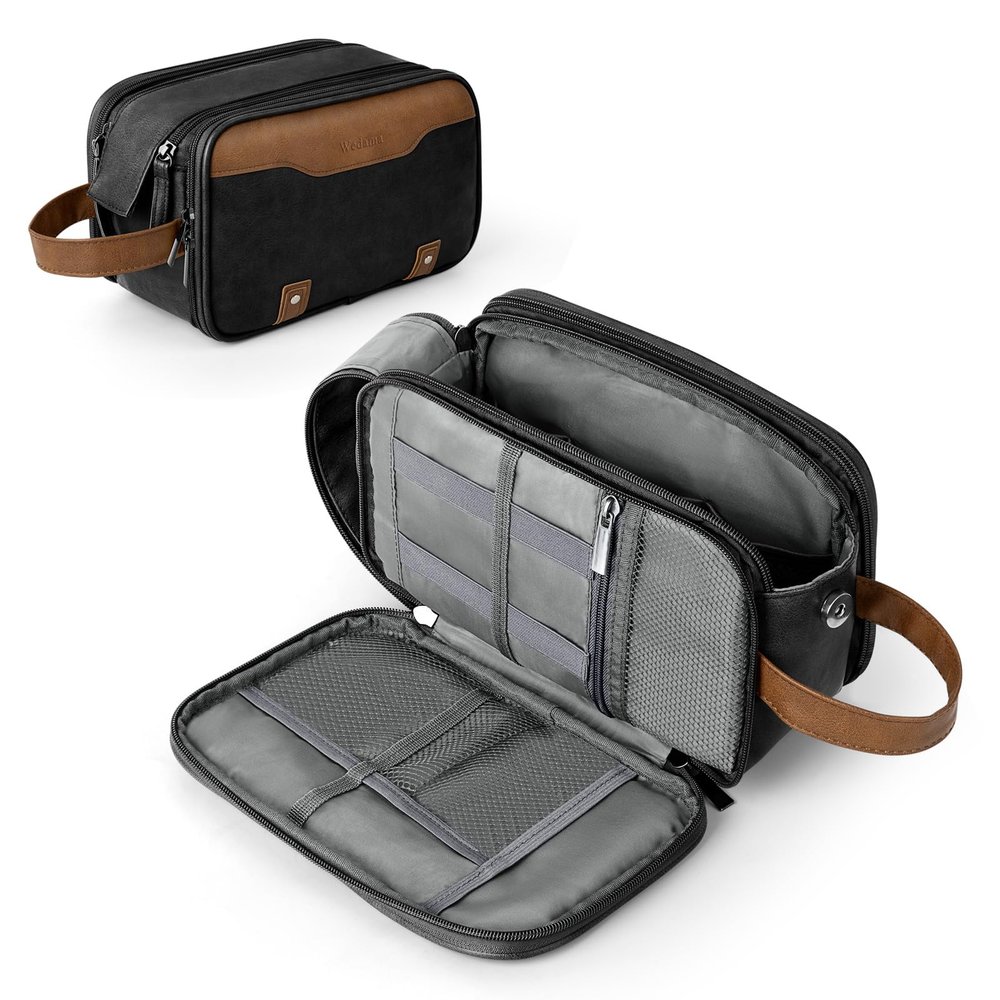 Wedama Toiletry Bag for Men, PU Leather Travel Toiletry Bag with Electronic Organizer Bag Hanging Travel Shaving Bag for Toiletries, Waterproof Dopp Kit for Business Trips Swim Camping, Black&Brown