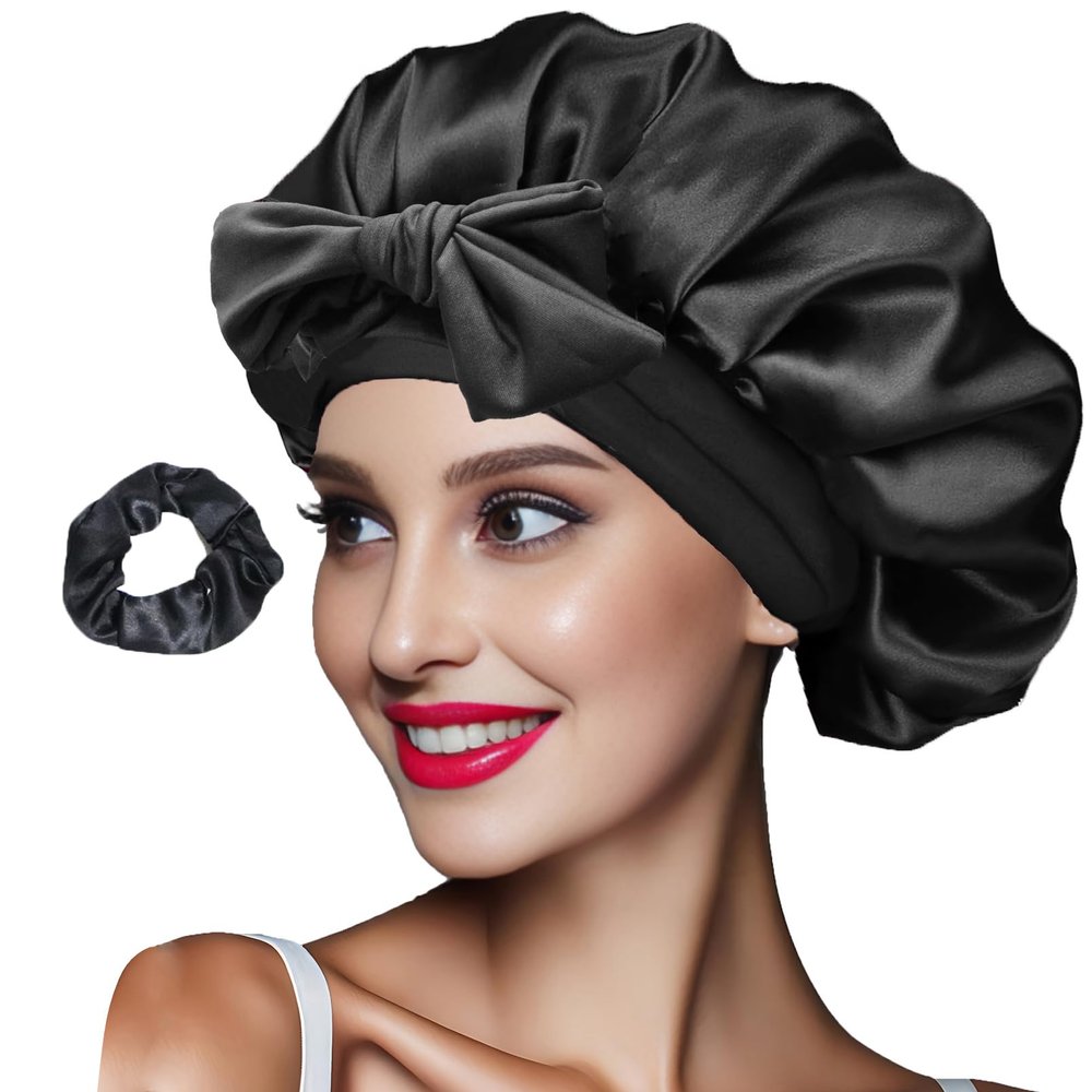 Satin Silk Bonnet for Sleeping Women Double Layer Satin Bonnet with Tie Band Hair Bonnet Natural Curly Hair Night Sleep Cap (Black)