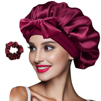 Facecozy Satin Silk Bonnet for Sleeping Women Double Layer Satin Bonnet with Tie Band Hair Bonnet Natural Curly Hair Night Sleep Cap (Burgundy)