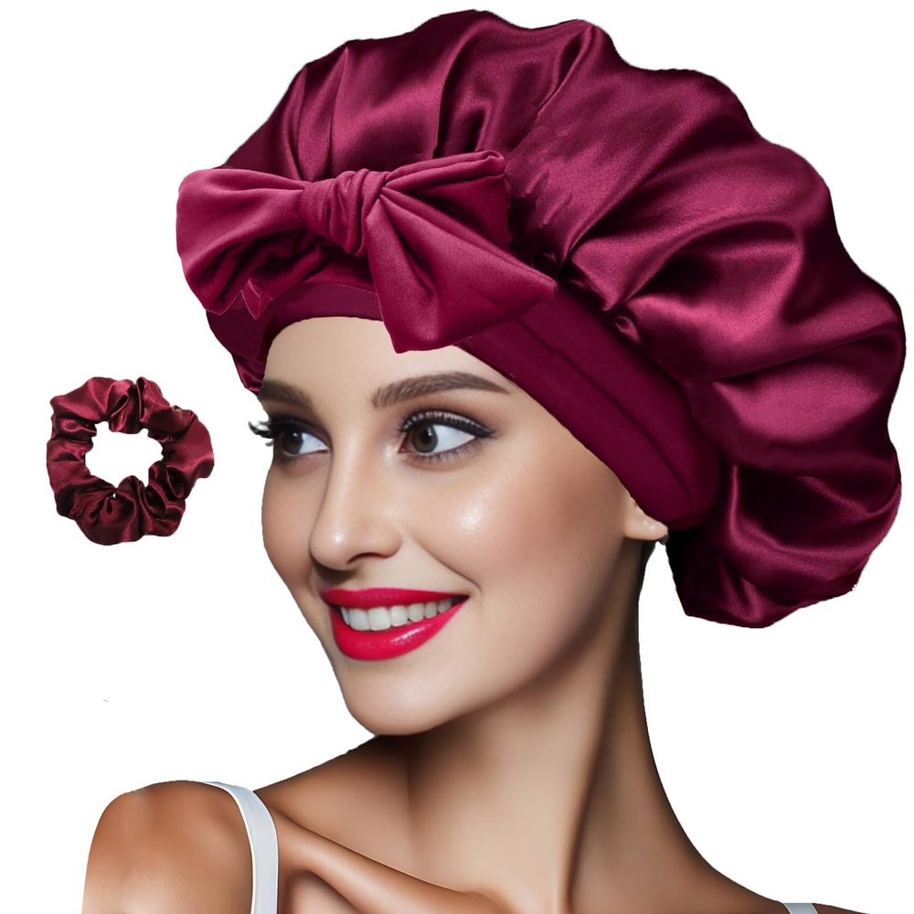 Facecozy Satin Silk Bonnet for Sleeping Women Double Layer Satin Bonnet with Tie Band Hair Bonnet Natural Curly Hair Night Sleep Cap (Burgundy)