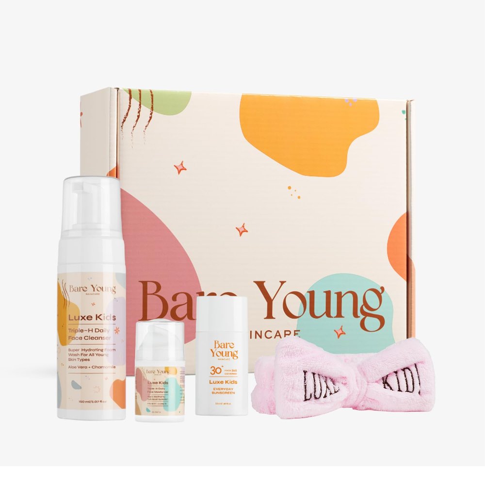 Bare Young Luxe Kids Complete Face Care Gift Set | Triple~H Face Cleanser & Moisturizer | 365 Covered Sunscreen | Luxe Kid Headband (Pink)