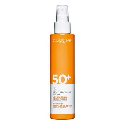 Clarins Body Sunscreen Lotion Spray | Broad Spectrum SPF 50+ | UVA/UVB Protection | Lightweight and No White Cast | Enriched with Antioxidants | All Skin Types, including Sensitive Skin | 5 Ounces