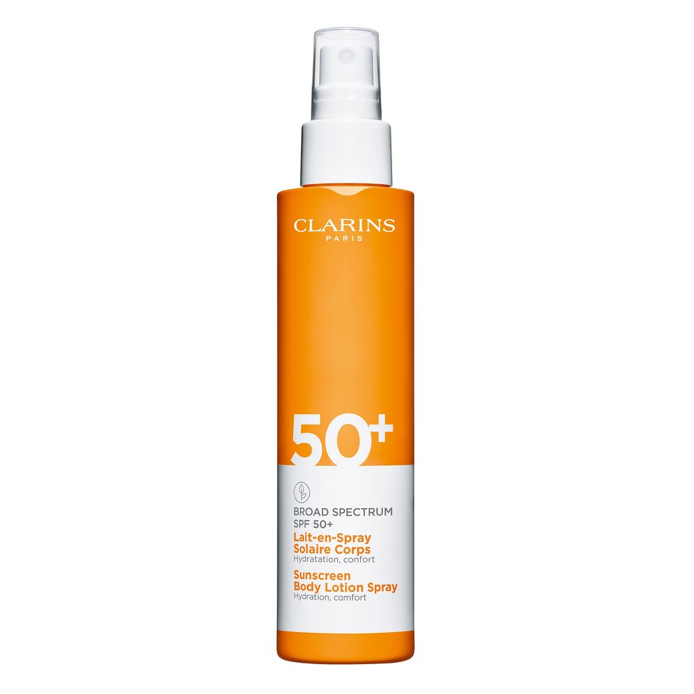 Clarins Body Sunscreen Lotion Spray | Broad Spectrum SPF 50+ | UVA/UVB Protection | Lightweight and No White Cast | Enriched with Antioxidants | All Skin Types, including Sensitive Skin | 5 Ounces