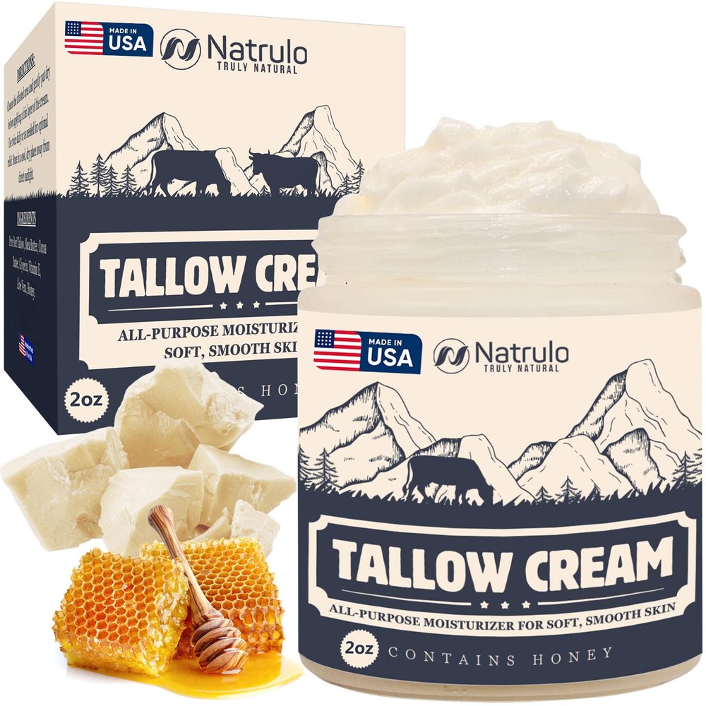 Beef Tallow Cream All Natural Grass Fed Beef Tallow and Honey All Purpose Balm Moisturizing Face and Body Lotion for Eczema, Cracked, Dry, Itchy, Irritated Skin Skin Repair Skincare Made in USA