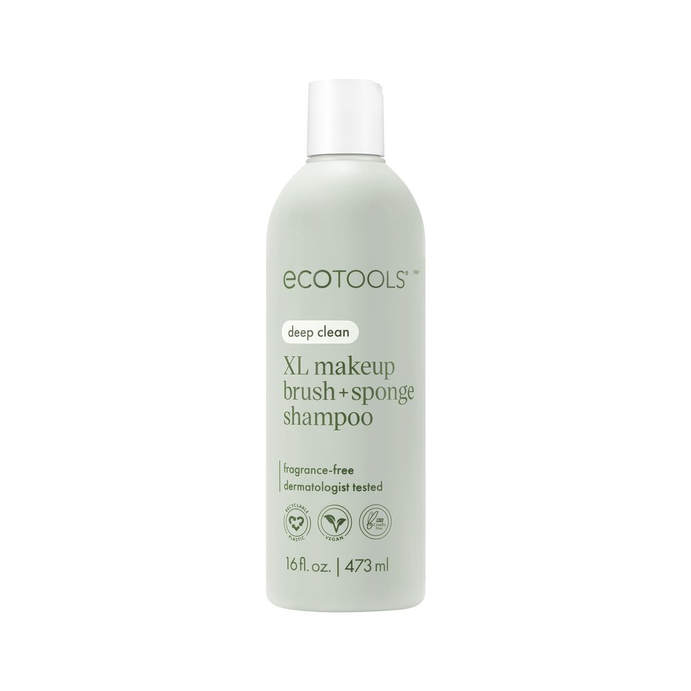 EcoTools XL Makeup Brush + Sponge Shampoo, Removes Makeup, Dirt, & Impurities From Makeup Brushes & Makeup Blending Sponges, Fragrance-Free, Vegan, & Cruelty-Free 16 fl. oz./473 ml, 1 Count, Clear