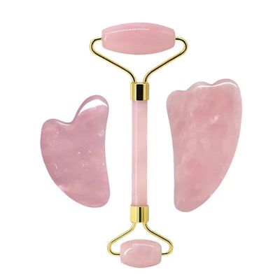 DNSBOND Face Roller Gua Sha Gouache Scraper Natural Amethyst Rose Jade Stones Roller and Guasha Set Facial Lift Skin Care Tools, Type 1