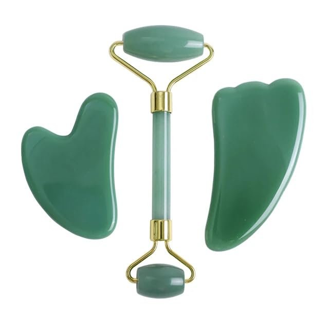 DNSBOND Face Roller Gua Sha Gouache Scraper Natural Amethyst Rose Jade Stones Roller and Guasha Set Facial Lift Skin Care Tools, Type 3