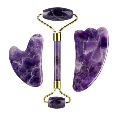 DNSBOND Face Roller Gua Sha Gouache Scraper Natural Amethyst Rose Jade Stones Roller and Guasha Set Facial Lift Skin Care Tools, Type 4