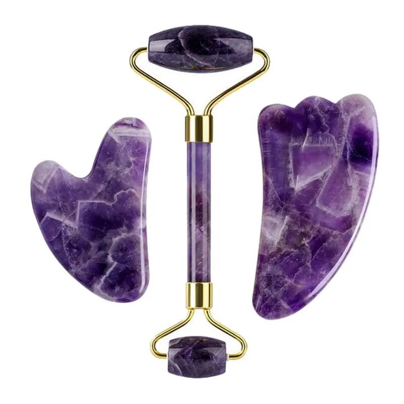 DNSBOND Face Roller Gua Sha Gouache Scraper Natural Amethyst Rose Jade Stones Roller and Guasha Set Facial Lift Skin Care Tools, Type 4