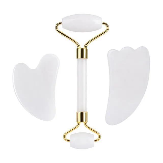 DNSBOND Face Roller Gua Sha Gouache Scraper Natural Amethyst Rose Jade Stones Roller and Guasha Set Facial Lift Skin Care Tools, Type 5