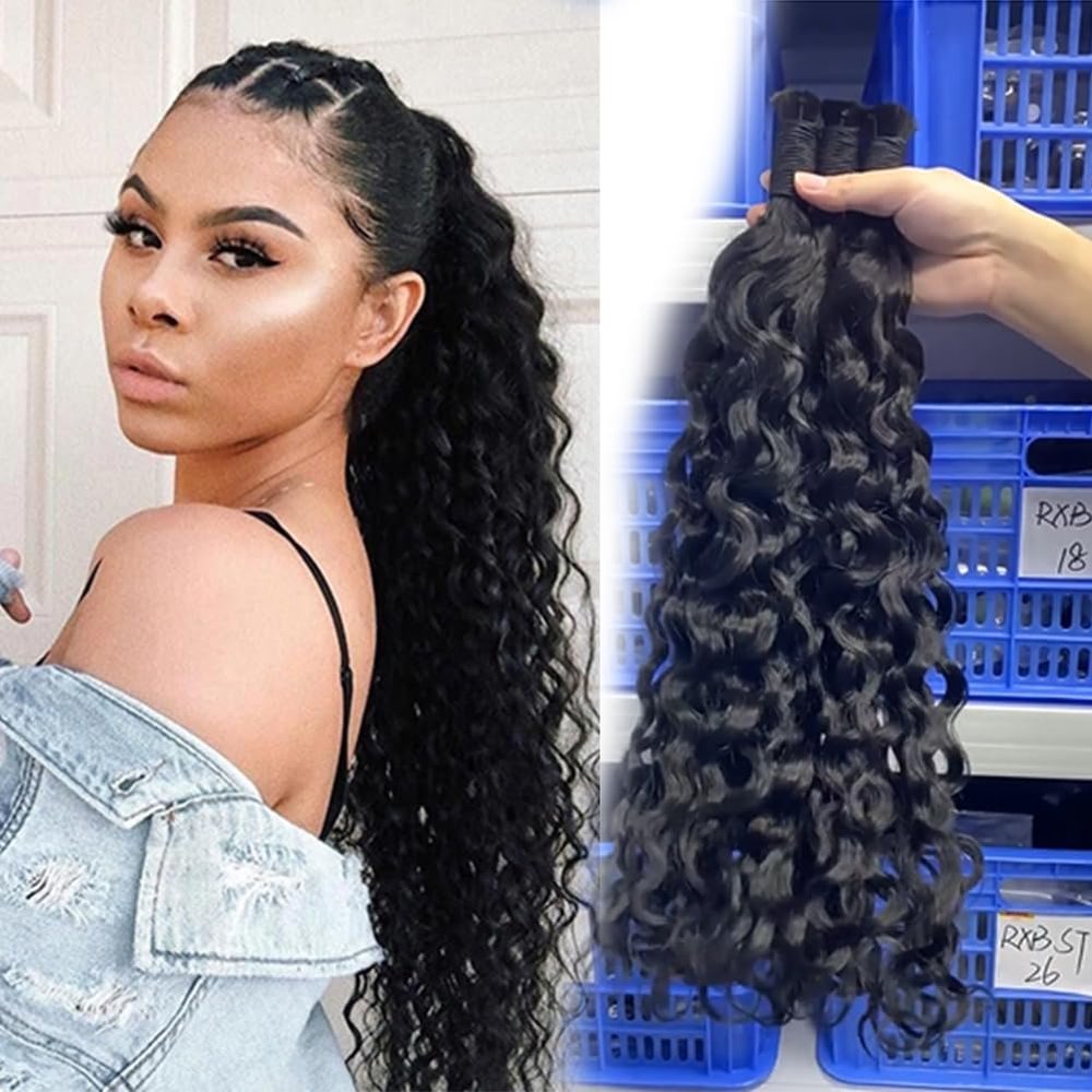 16inch Human Braiding Hair 1 Bundle 100g Water Wave Bulk Human Hair for Braiding No Weft Wet&Wavy Braiding Hair Bulk Curly Human Hair for Boho Braids 100g,1b Color