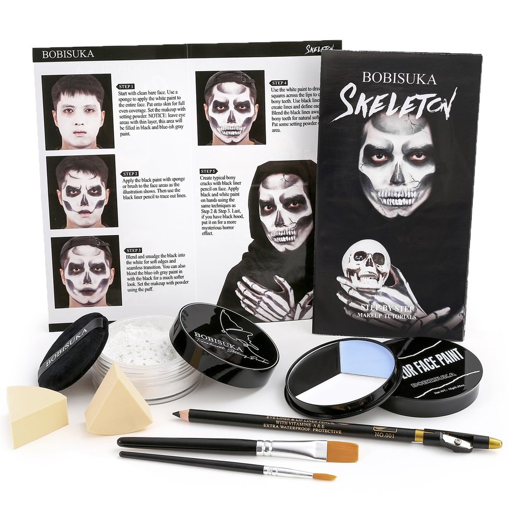 Halloween Skeleton Makeup, Complete Skull Makeup Kit Face Paint SFX Character Set, Professional Skeleton Make Up Kit for Costume Art Cosplay Dress-Up Party for Kids & Adults