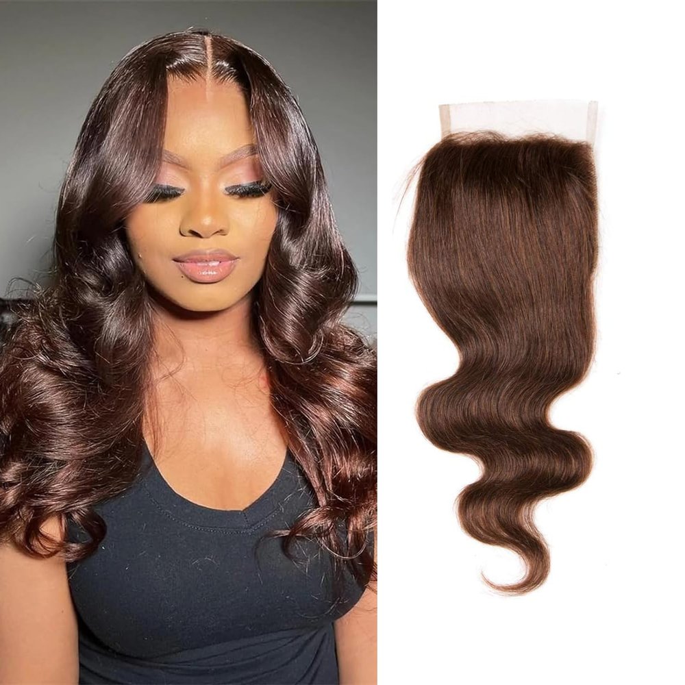 Chocolate Brown 4# Closure 4x4 Free Part Body Wave Closure Brazilian Human Hair Extensions Preplucked Bleached Knots Sew In Weave Virgin Hair Lace Front Closure For Women Wet And Wavy 16 Inch