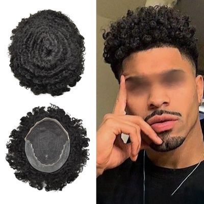 Afro Curl Toupee for Black Men Human Hair Swiss Lace Hair Units for Black Men Hair System Bleached Knot Natural Hairline African American Hairpiece 16MM Afro Wave#1B Off Black 8x10