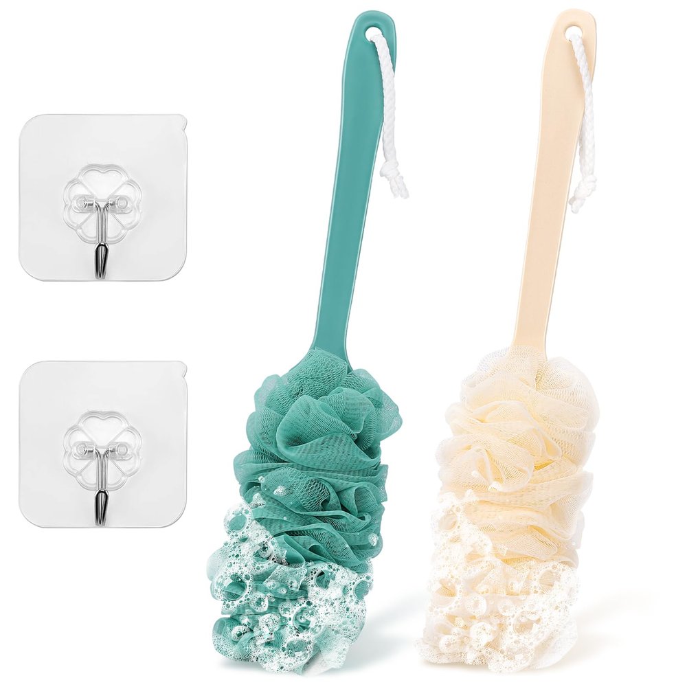 2Pack Back Scrubber for Shower Loofah with Long Handle, Shower Brush for Body, 17 Loofah on a Stick for Men Women Bathing Accessories, Scrubber Sponge for Exfoliating Bath Brushes (Beige & Green)