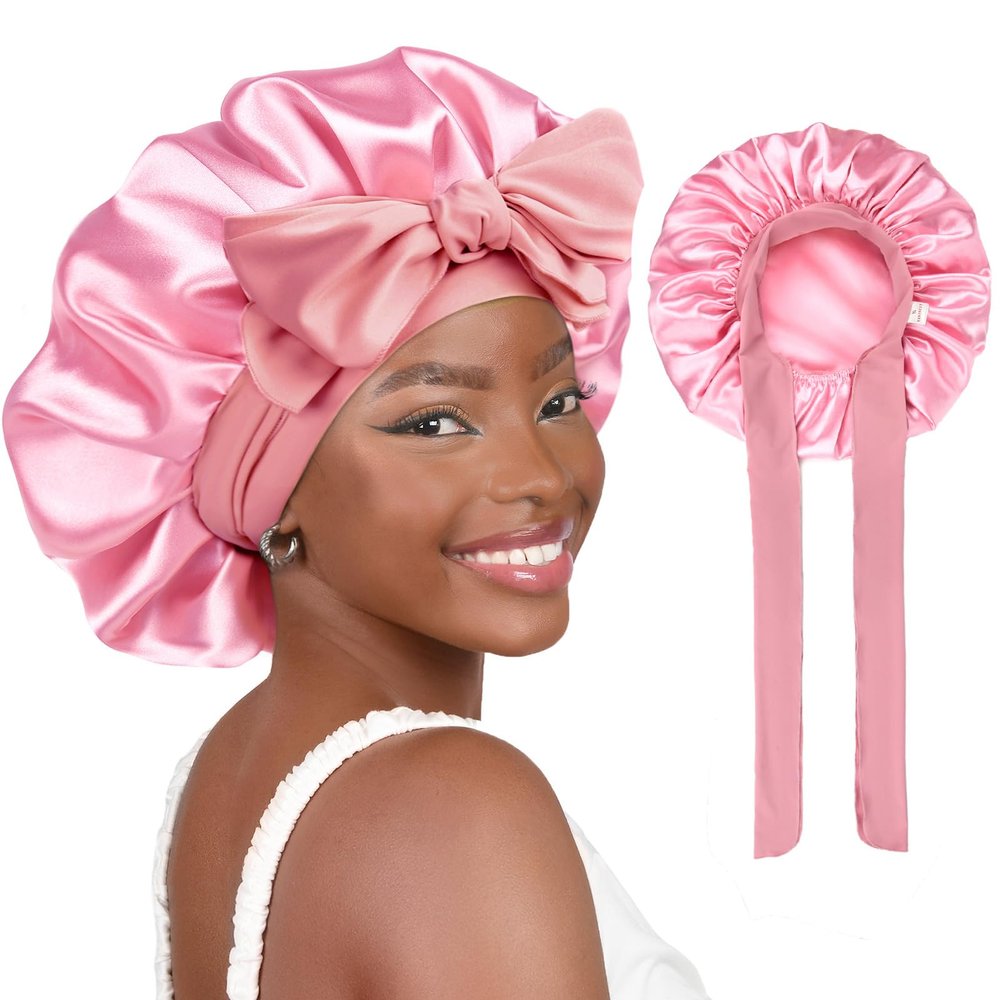 Yanibest Adjustable Satin Bonnet for Sleeping, Double Layer Silk Hair Bonnet with Tie Band for Unisex Women Men Curly Natural