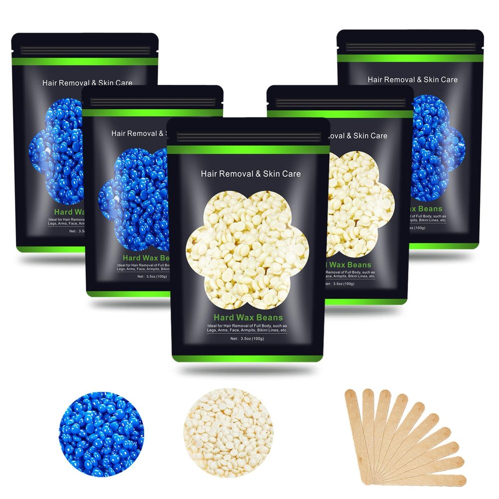 Auperwel Wax Beads for Hair Removal 1.1 lb (17.6 oz), Hard Wax Waxing Beads Kit for Sensitive Skin Brazilian, Face, Bikini, Eyebrow, Legs, Painless for Women Men, 5 packs with 10 Sticks