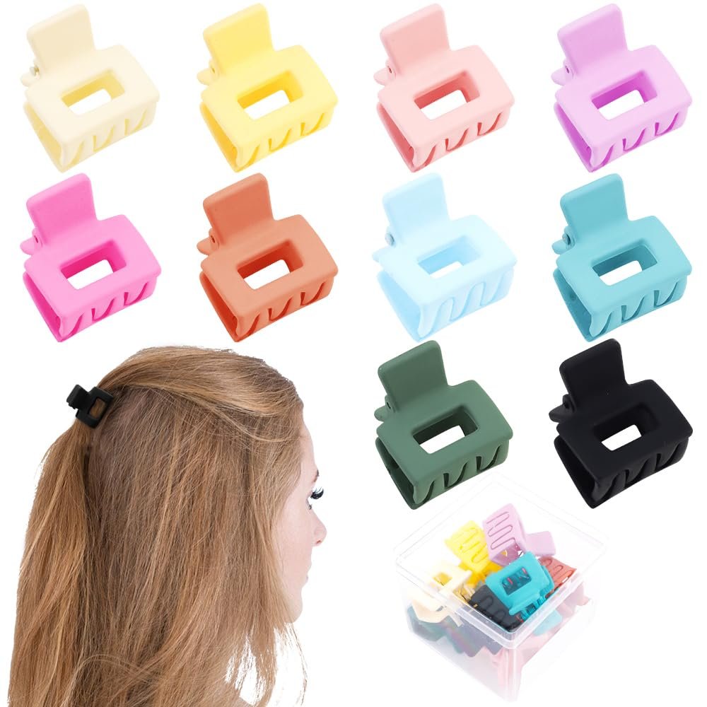 Ahoney 10Pcs Small Claw Clips for Women Girls, 1 Mini Matte Tiny Barrettes for Thin Thick Medium Hair, Cute Jaw Clips with Strong Hold and Gift Box (Colorful)