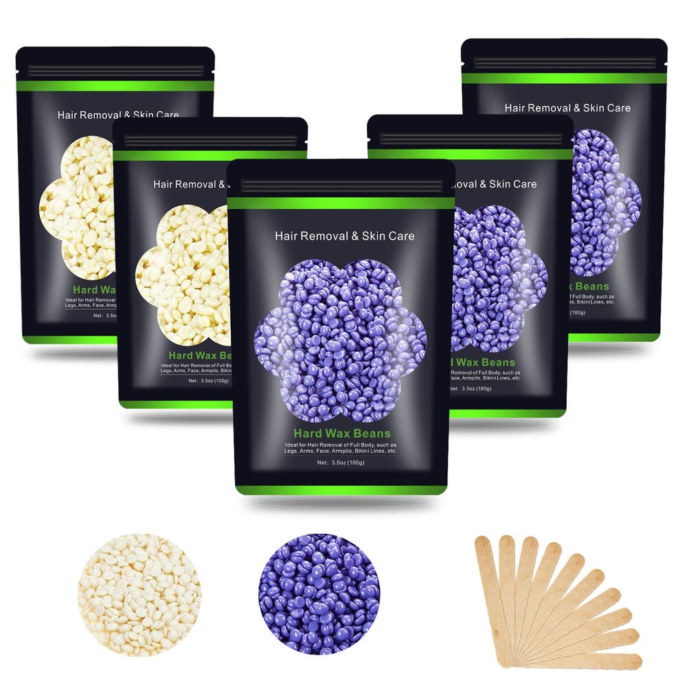 Auperwel Wax Beads for Hair Removal 1.1 lb (17.6 oz), Hard Wax Waxing Beads Kit for Sensitive Skin Brazilian, Face, Bikini, Eyebrow, Legs, Painless for Women Men, 5 packs with 10 Sticks