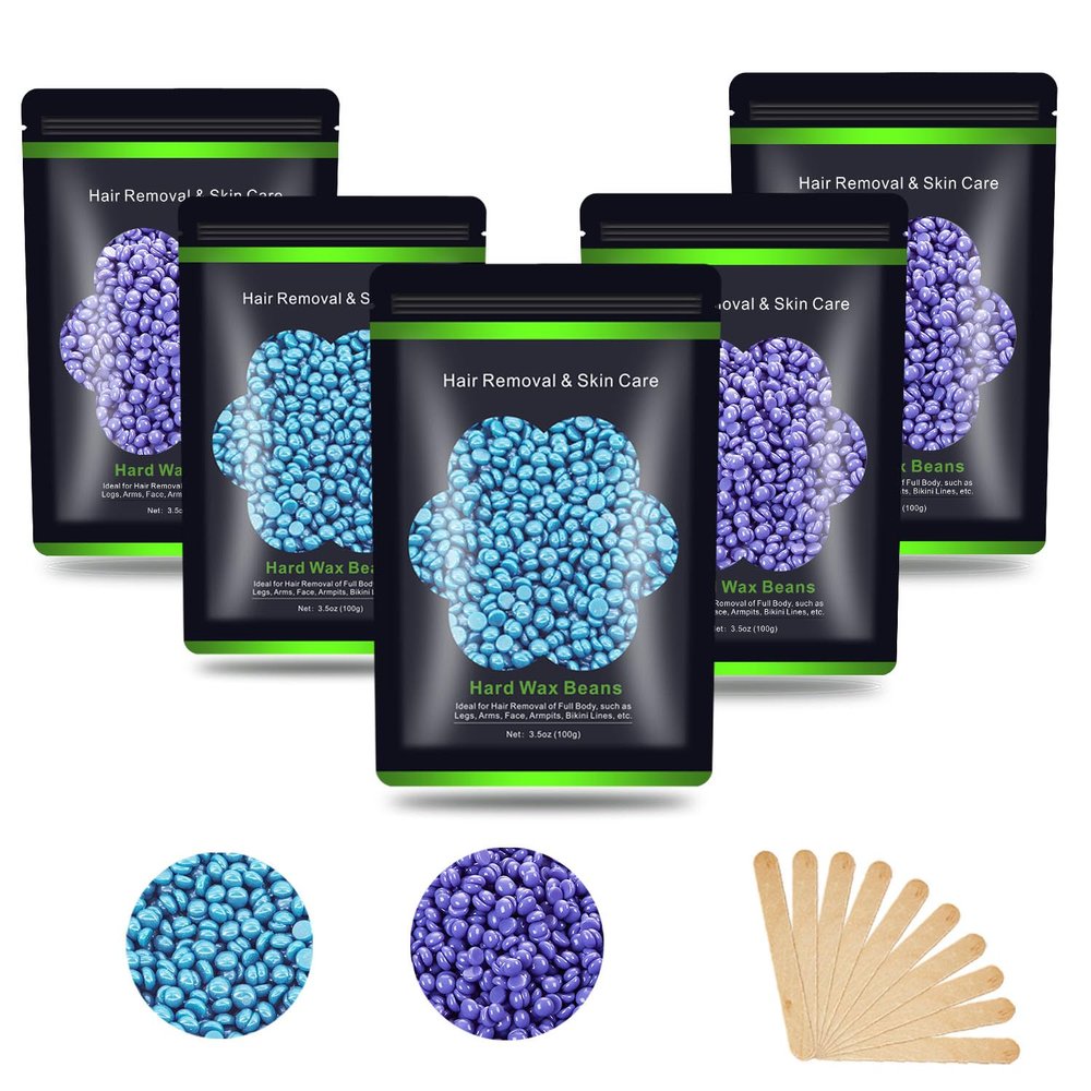 Auperwel Wax Beads for Hair Removal 1.1 lb (17.6 oz), Hard Wax Waxing Beads Kit for Sensitive Skin Brazilian, Face, Bikini, Eyebrow, Legs, Painless for Women Men, 5 packs with 10 Sticks