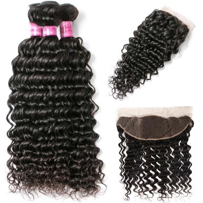 Deep Wave Peruvian Hair Fashional Natural for Woman Hair Extension Ponytail (Black,13x4 deep frontal 12inch)