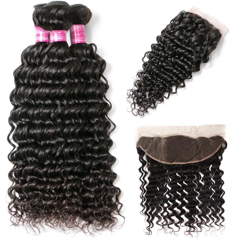 Deep Wave Peruvian Hair Fashional Natural for Woman Hair Extension Ponytail (Black,13x4 deep frontal 12inch)