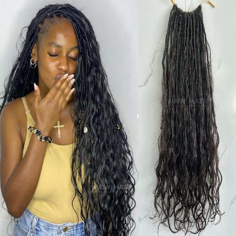 WAIW HAIR Crochet Boho Locs Brading Hair with Body Wave Human Hair Pre_Looped Goddess Dreadlocks Hair Extensions for Black Women Natural Color 22inch 24 Strands(1 Pack)