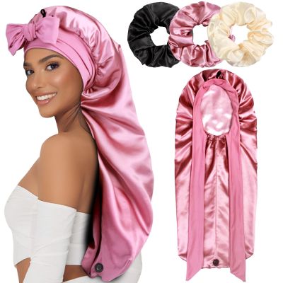 1+3 Long Satin Bonnets with Scrunchies for Women Sleeping, Double Layer Large Braid Bonnet with Tie Band, A