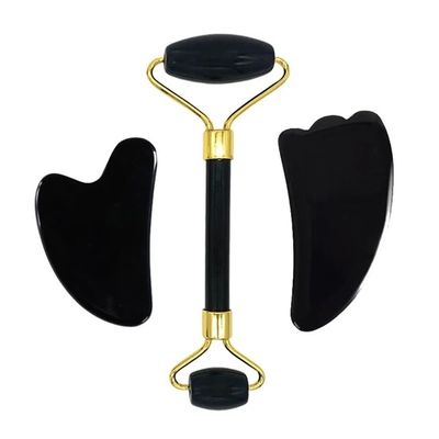 DNSBOND Face Roller Gua Sha Gouache Scraper Natural Amethyst Rose Jade Stones Roller and Guasha Set Facial Lift Skin Care Tools, Type 6