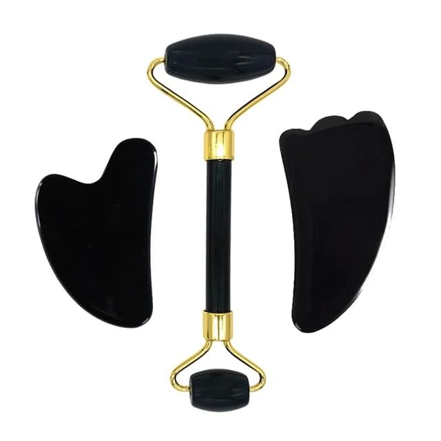 DNSBOND Face Roller Gua Sha Gouache Scraper Natural Amethyst Rose Jade Stones Roller and Guasha Set Facial Lift Skin Care Tools, Type 6