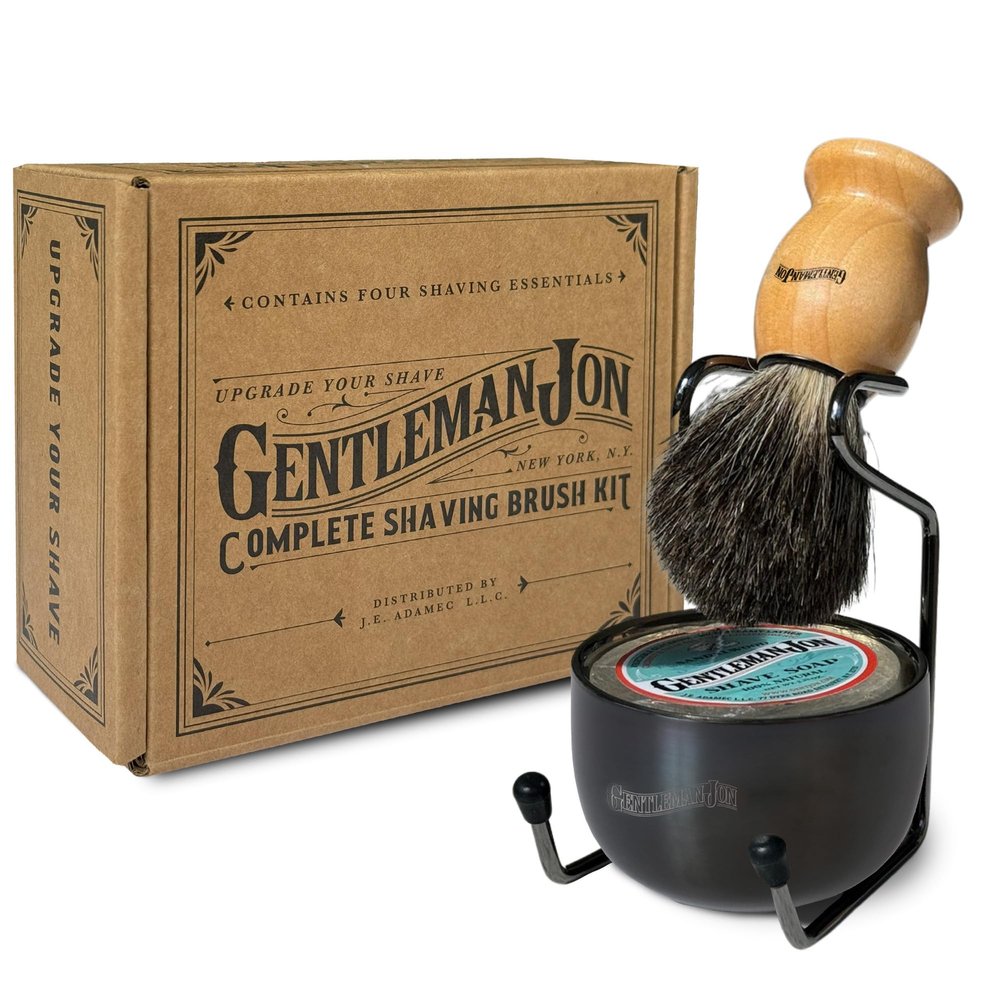 Gentleman Jon Complete Shaving Brush Kit Old Fashion Shaving Kit for Men, Includes Shave Brush, Bowl, Soap & Stand, Vintage Wet Shave Mug, Barber-Style 4-Piece Gift Set, Men's Barber Accessories