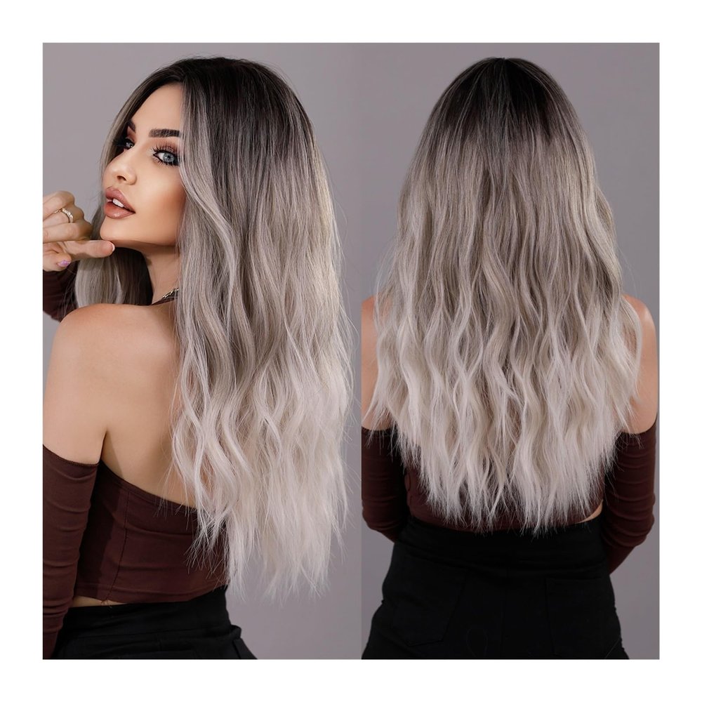 YUXING1205 Human Hair Wig Daily Party Synthetic Natural Middle Part Curly Wig Lolita Heat Resistant Ombre Black White Wavy Hair Wig for Women Cosplay Wigs (Color : MW9063-1, Size : Follow us - 2USD)
