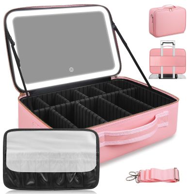 15''X11'' Large Capacity Makeup Bag with LED Mirror, Professional Makeup Case Organizer with 3 Color Light Adjustable Brightness, Travel Make up Cosmetic Case with Detachable Dividers & Shoulder Strap