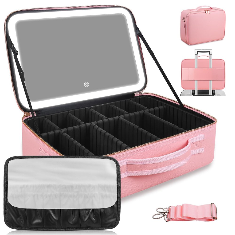 15''X11'' Large Capacity Makeup Bag with LED Mirror, Professional Makeup Case Organizer with 3 Color Light Adjustable Brightness, Travel Make up Cosmetic Case with Detachable Dividers & Shoulder Strap
