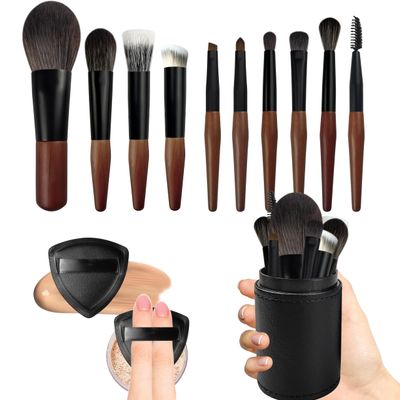Travel Makeup Brush Set with Case, Mini Makeup Brushes Set for Powder, Foundation, Eyeshadow, Lip, Highlight, Blush & Concealer, 10 Pcs Travel Size Makeup Brushes & 2Pcs Triangle Powder Puff