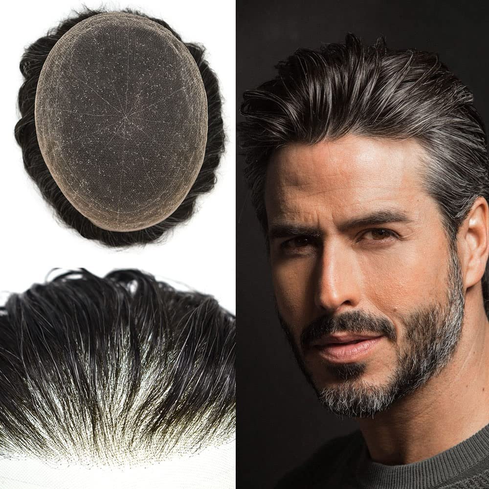 Hair Wonders Toupee Hair for Men Full French Lace Hairpiece for Mens Toupee Real Human Hair Replacement System for Men Protesis Capilar 1# JET BLACK 8x10 80% light density