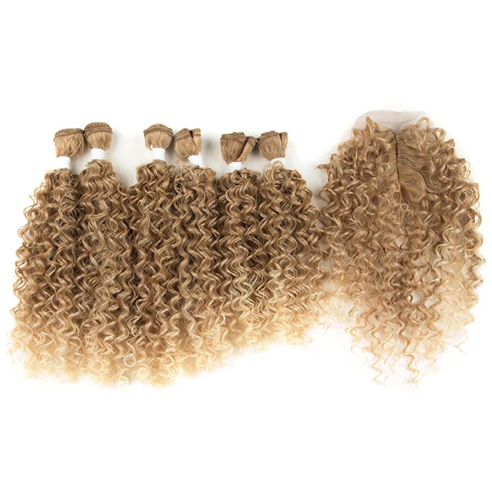 Kinky Curly Synthetic Hair 6 Bundles With 1Closure 7Pcs/Lot Ombre Color 16-20 Inch Kinky Curly Bundles Hair Extension T27-613 16 18 20 Inch