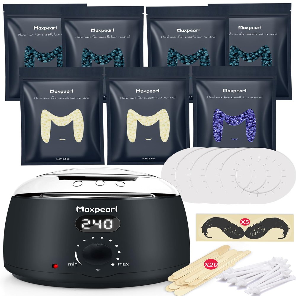 Maxpearl Digital Waxing Kit with 7 Packs of Hard Wax Beads for Brazilian, Bikini Waxing, Face, Eyebrows, Underarms, Arms, Chest, Back, Legs